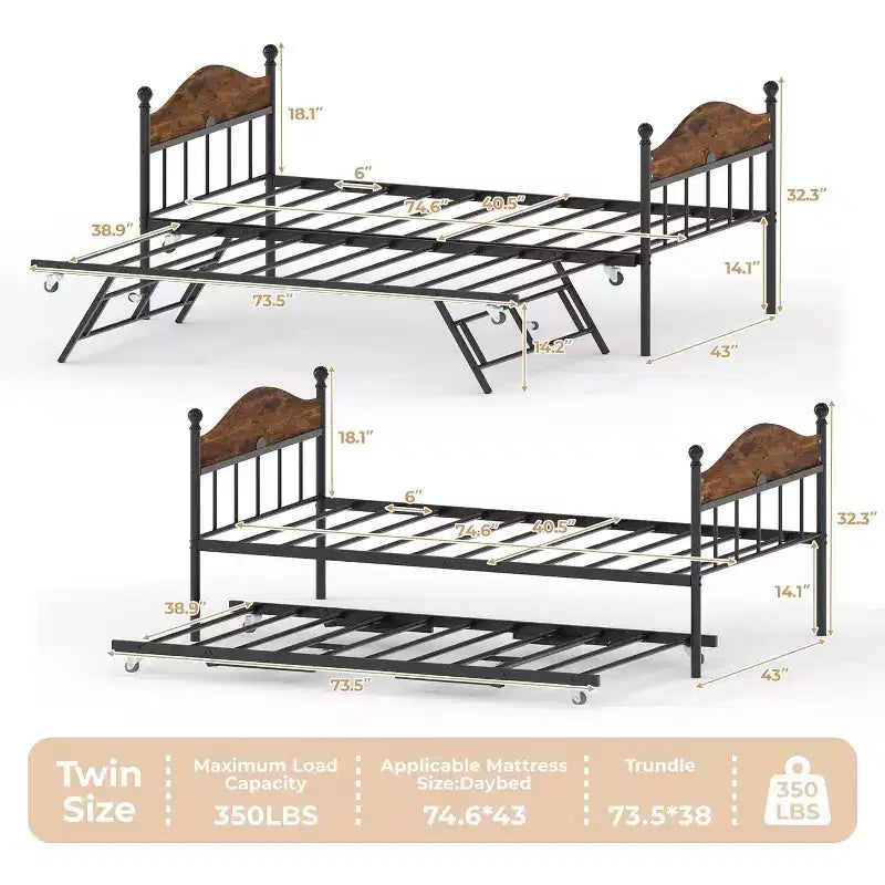 Metal Twin Size Day Bed, Daybed With Trundle, With Stylish Headboard, Sofa BedFrame, for Living Room, Bedroom and Guest Room