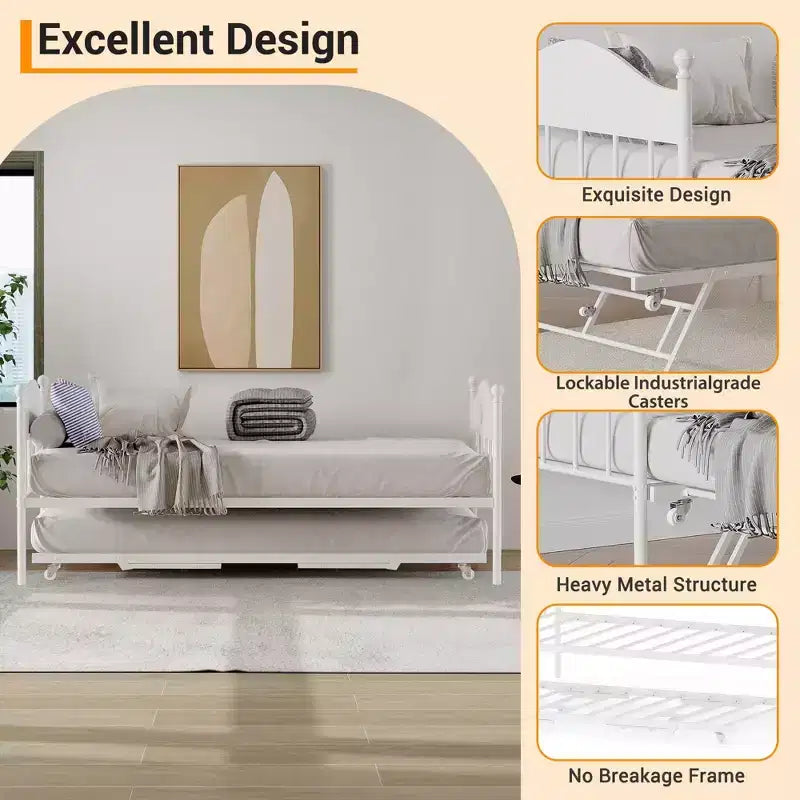 Metal Twin Size Day Bed, Daybed With Trundle, With Stylish Headboard, Sofa BedFrame, for Living Room, Bedroom and Guest Room