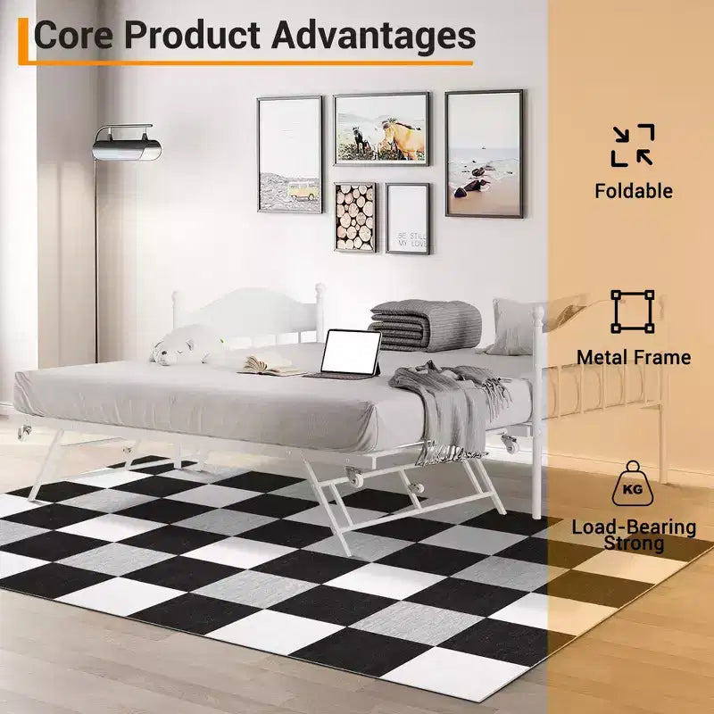 Metal Twin Size Day Bed, Daybed With Trundle, With Stylish Headboard, Sofa BedFrame, for Living Room, Bedroom and Guest Room