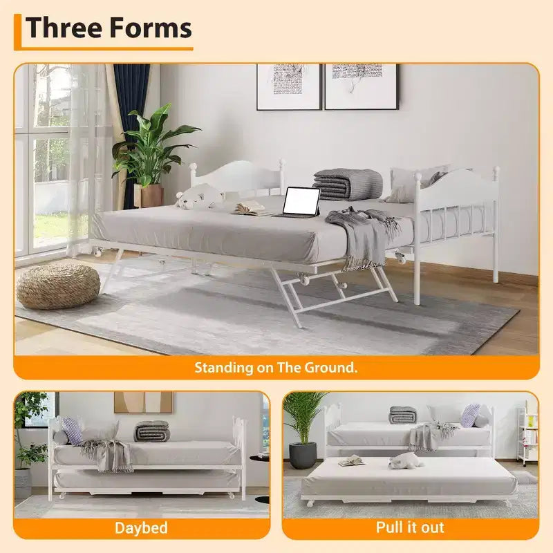 Metal Twin Size Day Bed, Daybed With Trundle, With Stylish Headboard, Sofa BedFrame, for Living Room, Bedroom and Guest Room