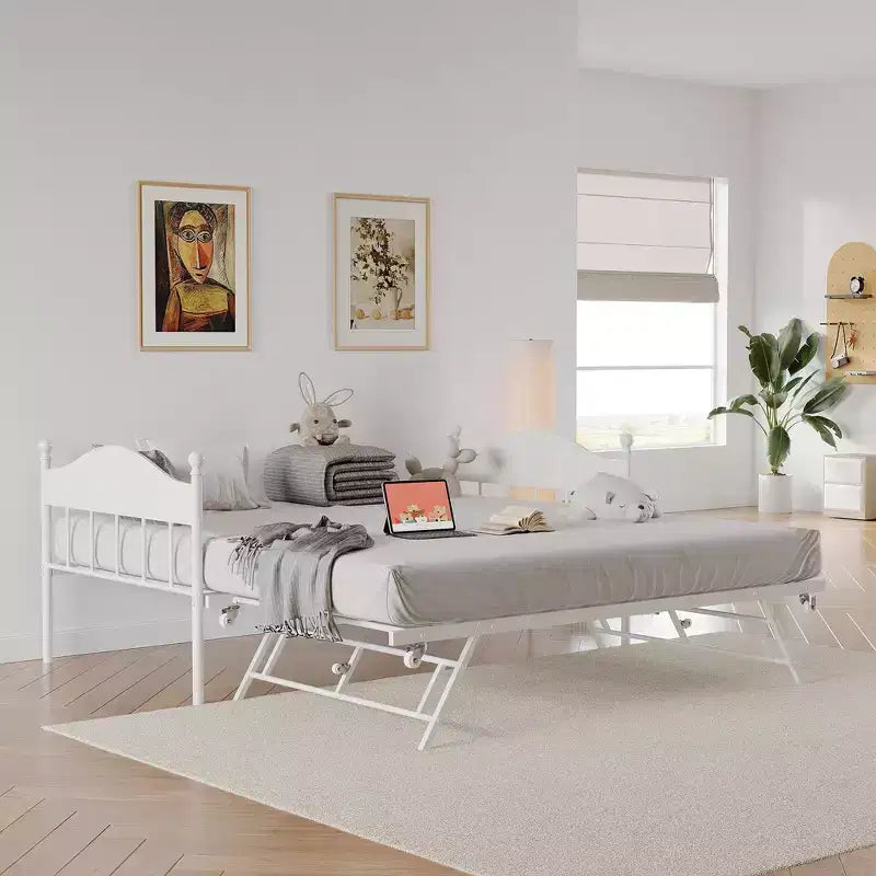 Metal Twin Size Day Bed, Daybed With Trundle, With Stylish Headboard, Sofa BedFrame, for Living Room, Bedroom and Guest Room