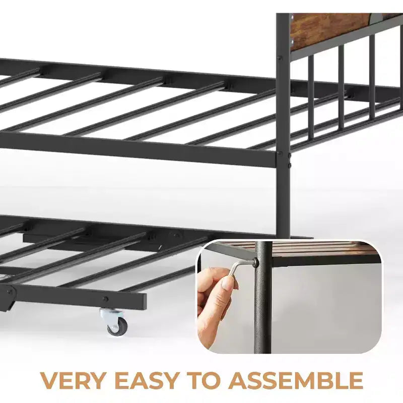 Metal Twin Size Day Bed, Daybed With Trundle, With Stylish Headboard, Sofa BedFrame, for Living Room, Bedroom and Guest Room