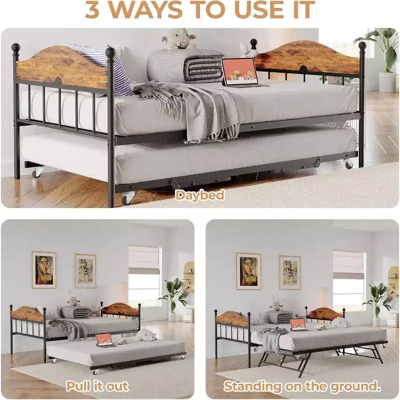Metal Twin Size Day Bed, Daybed With Trundle, With Stylish Headboard, Sofa BedFrame, for Living Room, Bedroom and Guest Room