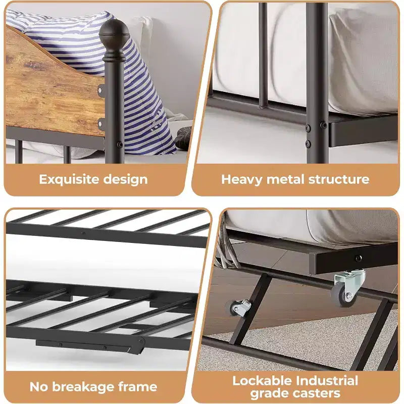 Metal Twin Size Day Bed, Daybed With Trundle, With Stylish Headboard, Sofa BedFrame, for Living Room, Bedroom and Guest Room