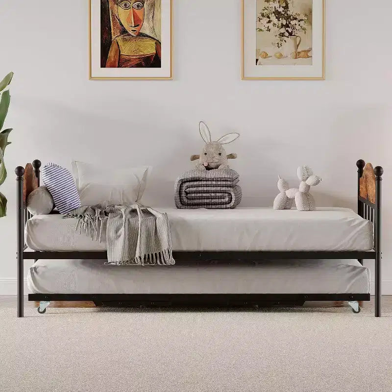 Metal Twin Size Day Bed, Daybed With Trundle, With Stylish Headboard, Sofa BedFrame, for Living Room, Bedroom and Guest Room