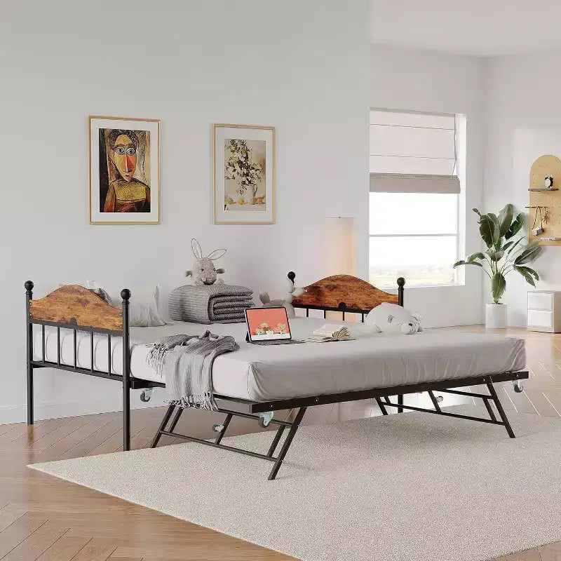 Metal Twin Size Day Bed, Daybed With Trundle, With Stylish Headboard, Sofa BedFrame, for Living Room, Bedroom and Guest Room