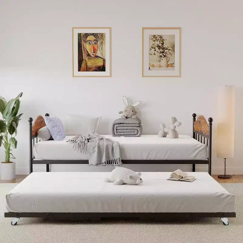 Metal Twin Size Day Bed, Daybed With Trundle, With Stylish Headboard, Sofa BedFrame, for Living Room, Bedroom and Guest Room