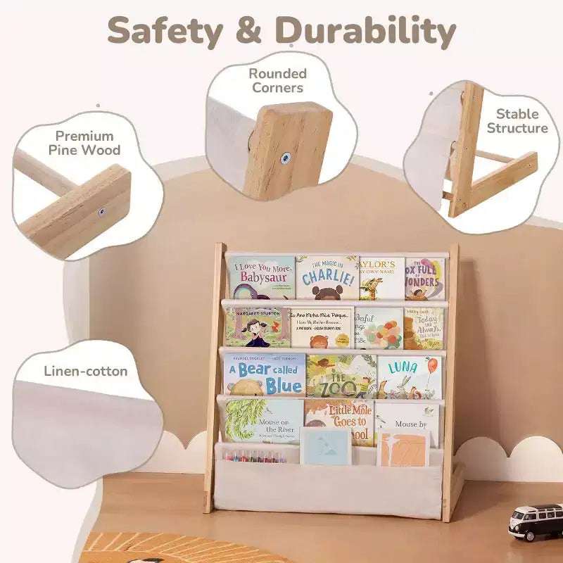 Kids 4-Tier/5-Tier Bookshelf Organizer - Solid Wood, Compact Bookcase, Open Shelves
