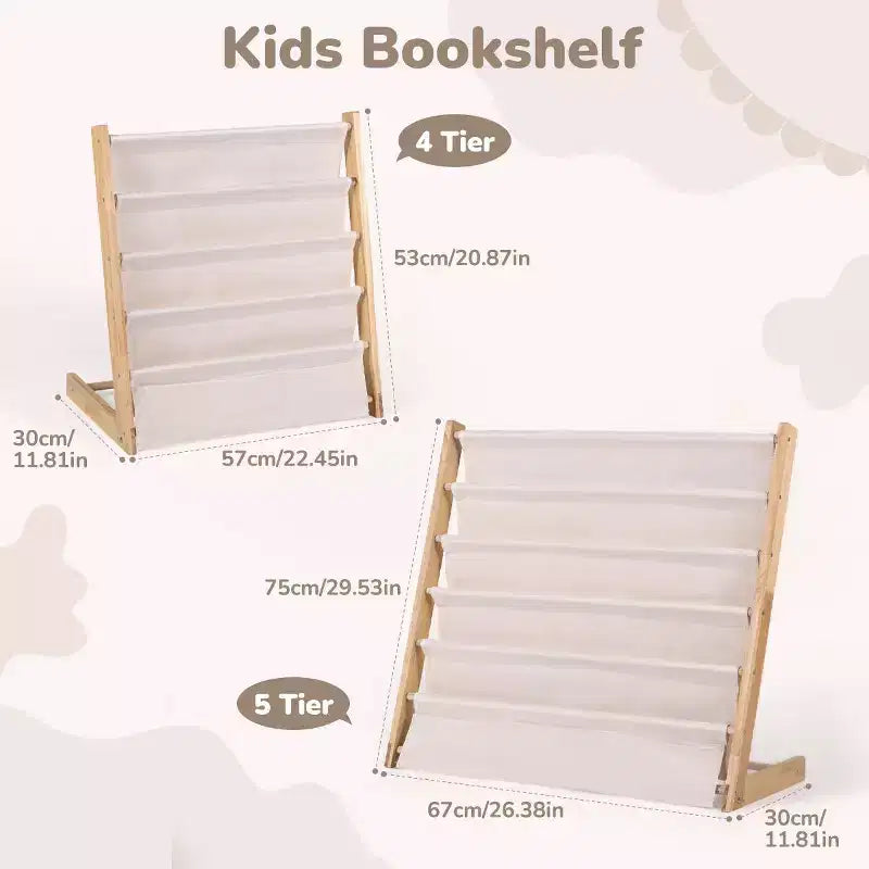 Kids 4-Tier/5-Tier Bookshelf Organizer - Solid Wood, Compact Bookcase, Open Shelves