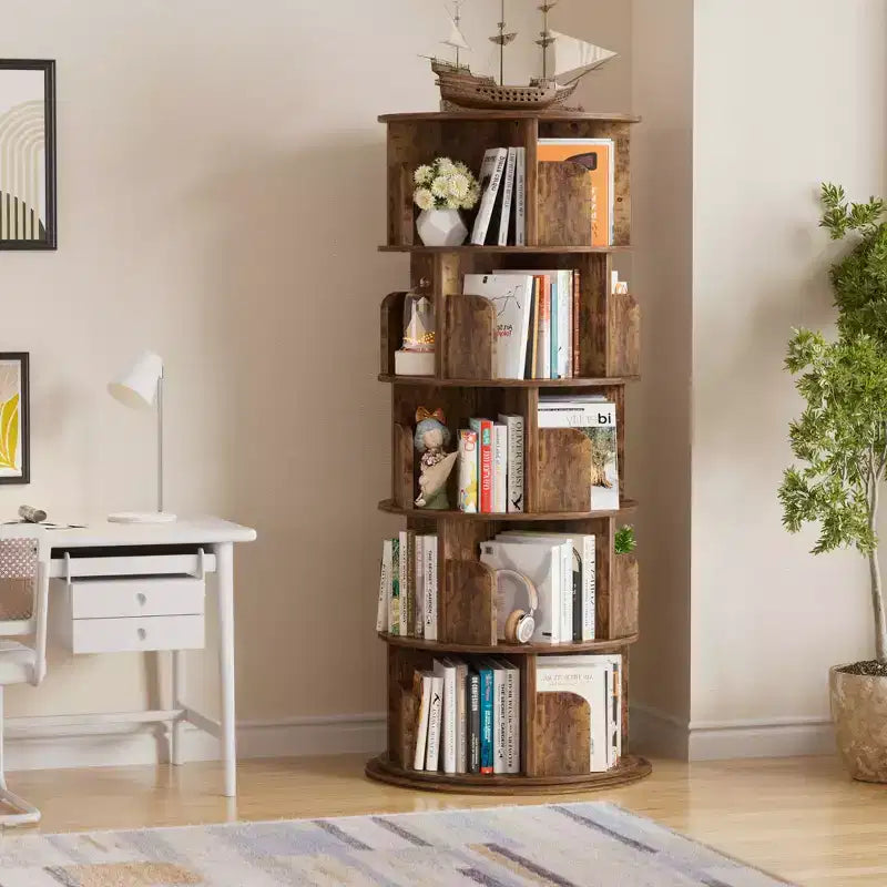 Besiost Rotating Bookcase, 360 Display Corner Bookshelf for Small Space-Brown