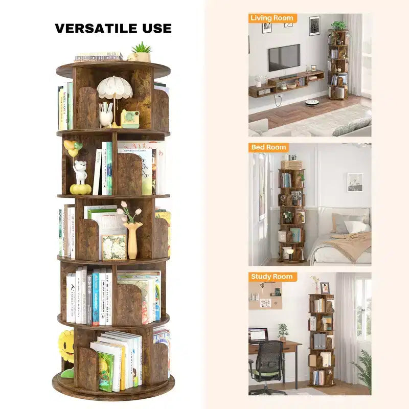 Rotating Bookcase, 360 Display Corner Bookshelf for Small Space - Brown