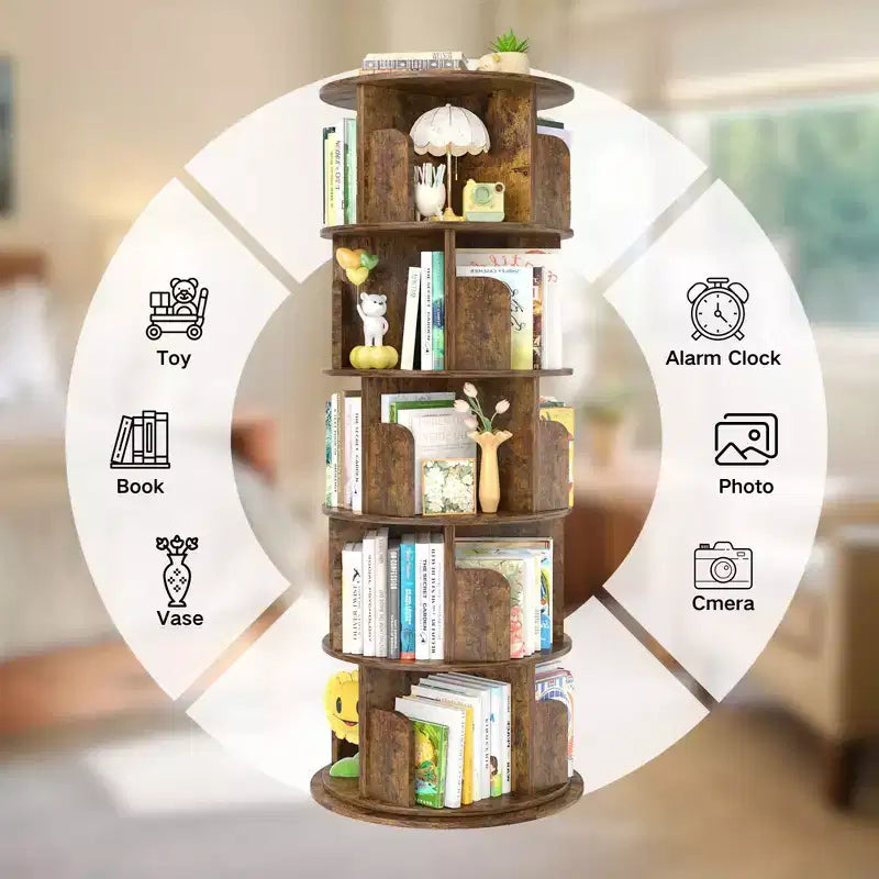 Rotating Bookcase, 360 Display Corner Bookshelf for Small Space - Brown