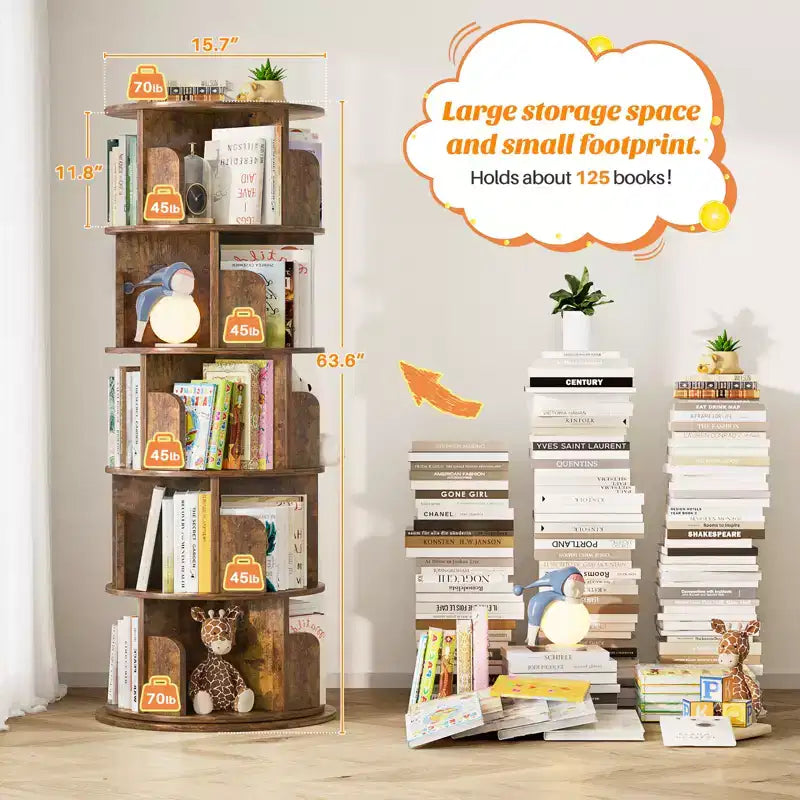 Rotating Bookcase, 360 Display Corner Bookshelf for Small Space - Brown