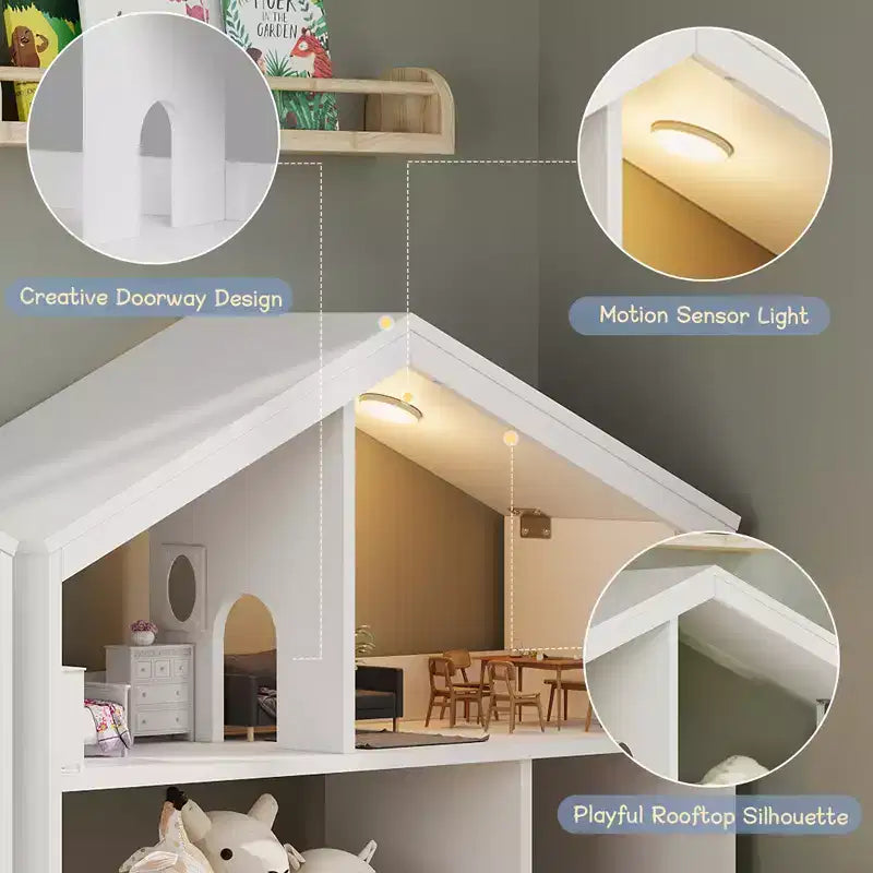 2-Tier Kids Bookshelf & Toy Storage Organizer with Motion Sensor Light, Wooden Book Rack for Playrooms, Classrooms, and Kids Rooms