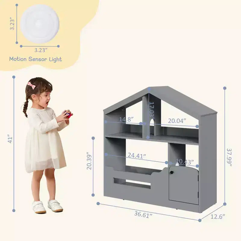 2-Tier Kids Bookshelf & Toy Storage Organizer with Motion Sensor Light, Wooden Book Rack for Playrooms, Classrooms, and Kids Rooms