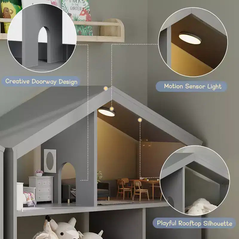 2-Tier Kids Bookshelf & Toy Storage Organizer with Motion Sensor Light, Wooden Book Rack for Playrooms, Classrooms, and Kids Rooms