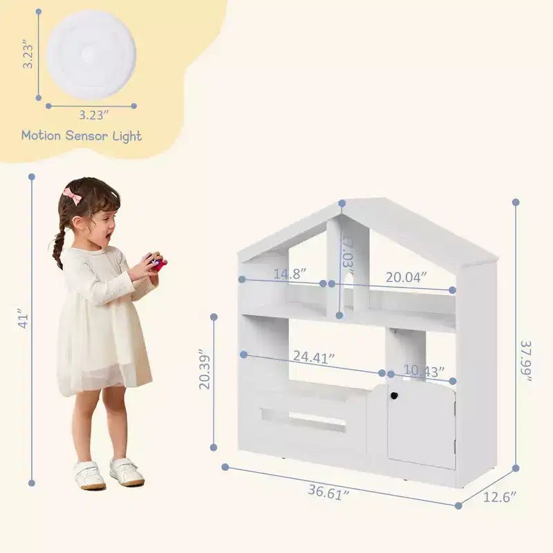 2-Tier Kids Bookshelf & Toy Storage Organizer with Motion Sensor Light, Wooden Book Rack for Playrooms, Classrooms, and Kids Rooms