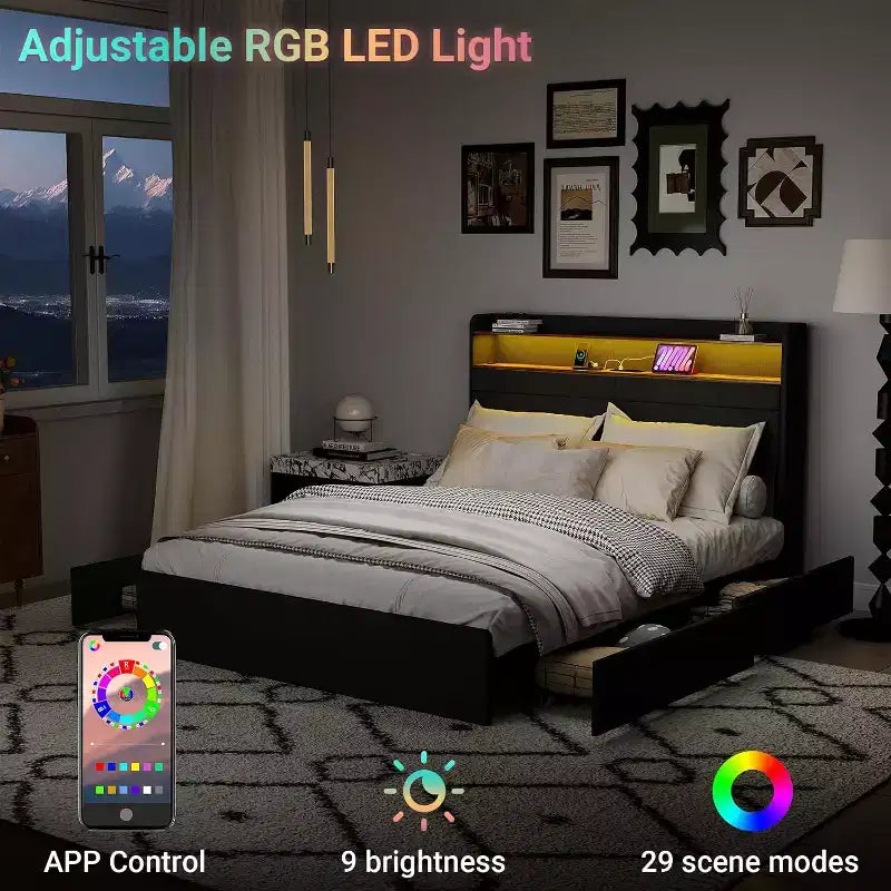 Full Bed Frame with 4 Storage Drawers, Full Size Upholstered Bed Frame with Headboard, LED, Sturdy Metal Slat Support, No Noise, Dark Gray