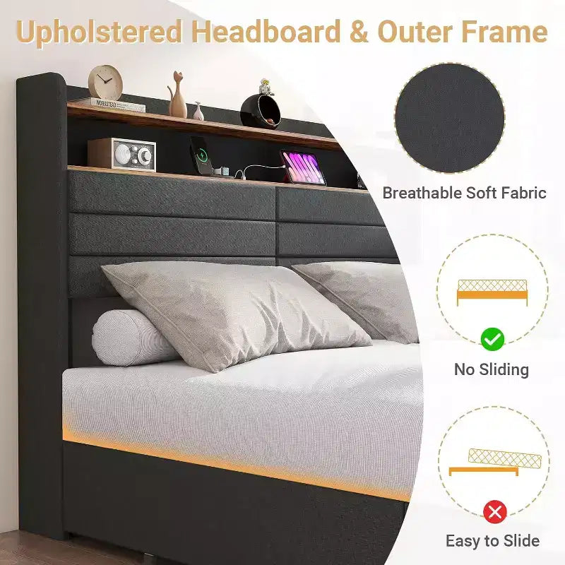 Full Bed Frame with 4 Storage Drawers, Full Size Upholstered Bed Frame with Headboard, LED, Sturdy Metal Slat Support, No Noise, Dark Gray