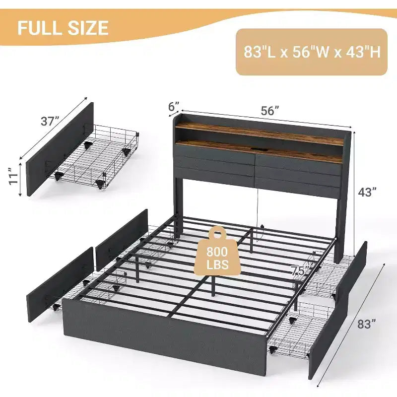 Full Bed Frame with 4 Storage Drawers, Full Size Upholstered Bed Frame with Headboard, LED, Sturdy Metal Slat Support, No Noise, Dark Gray