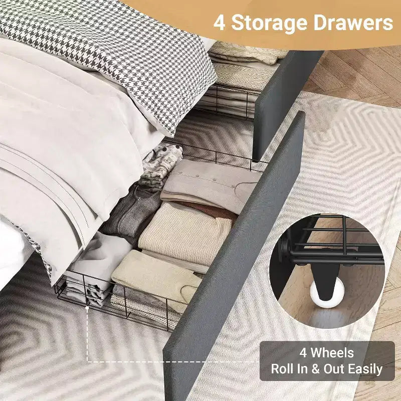 Full Bed Frame with 4 Storage Drawers, Full Size Upholstered Bed Frame with Headboard, LED, Sturdy Metal Slat Support, No Noise, Dark Gray