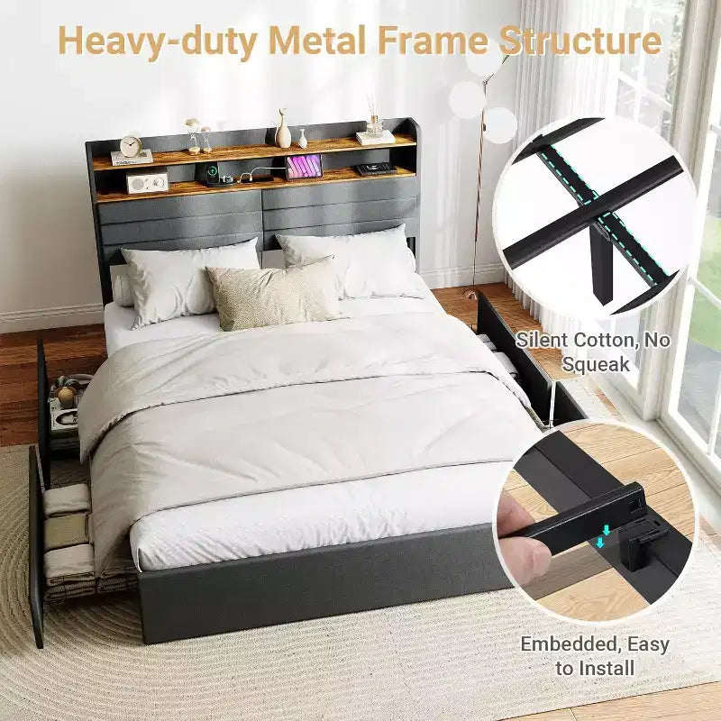 Full Bed Frame with 4 Storage Drawers, Full Size Upholstered Bed Frame with Headboard, LED, Sturdy Metal Slat Support, No Noise, Dark Gray
