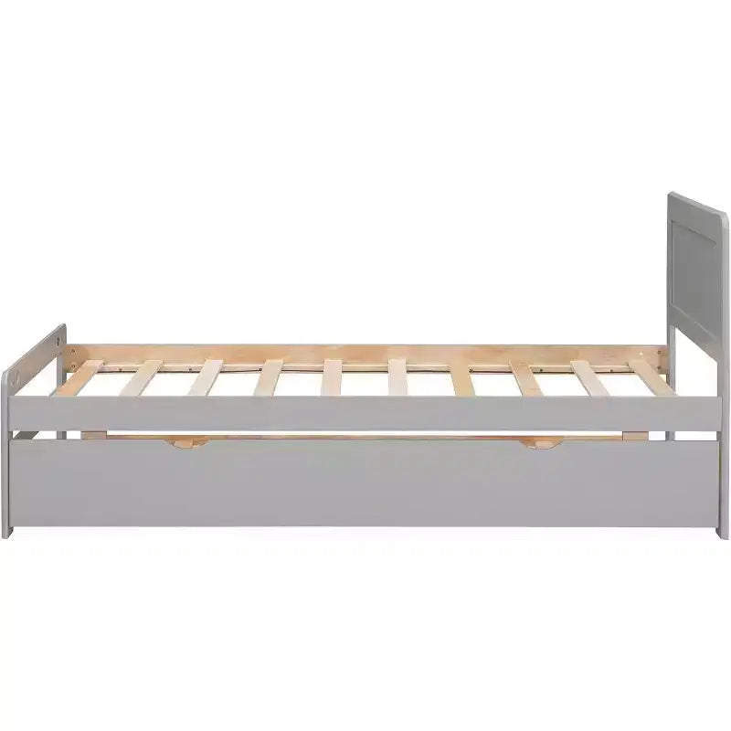 Modern Twin Platform Bed Frame with Trundle, Twin Over Full Bunk, Guardrail & Ladder, Wood Slats, No Box Spring, Gray