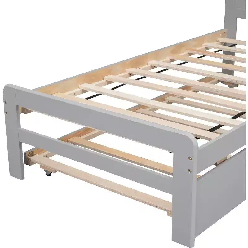 Modern Twin Platform Bed Frame with Trundle, Twin Over Full Bunk, Guardrail & Ladder, Wood Slats, No Box Spring, Gray
