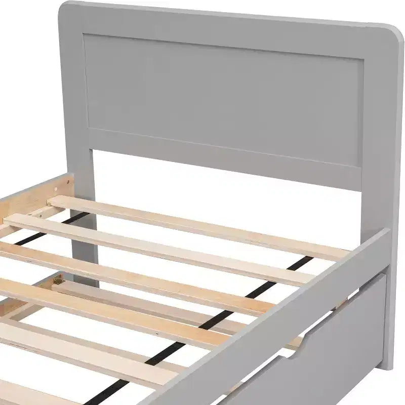 Modern Twin Platform Bed Frame with Trundle, Twin Over Full Bunk, Guardrail & Ladder, Wood Slats, No Box Spring, Gray