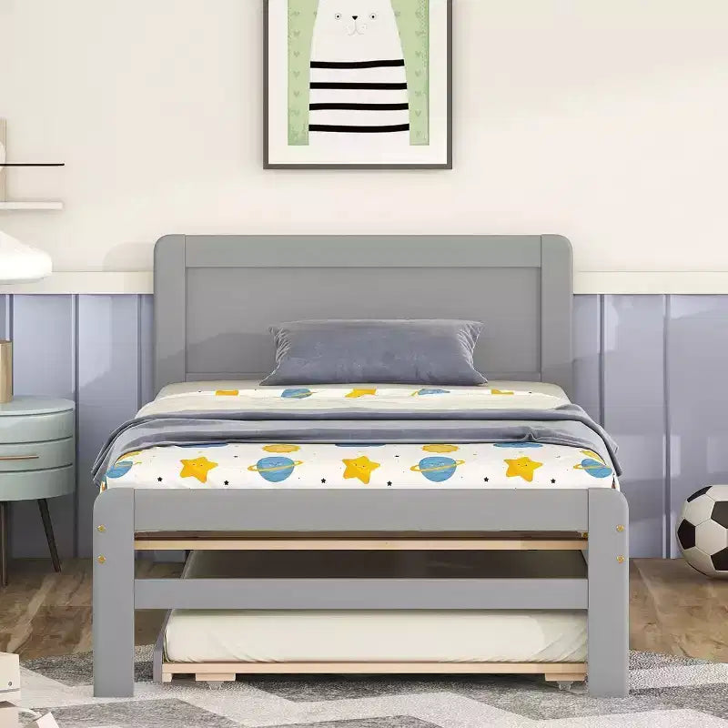 Modern Twin Platform Bed Frame with Trundle, Twin Over Full Bunk, Guardrail & Ladder, Wood Slats, No Box Spring, Gray