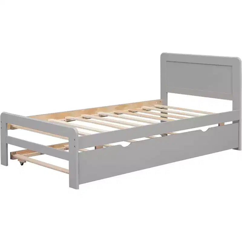 Modern Twin Platform Bed Frame with Trundle, Twin Over Full Bunk, Guardrail & Ladder, Wood Slats, No Box Spring, Gray