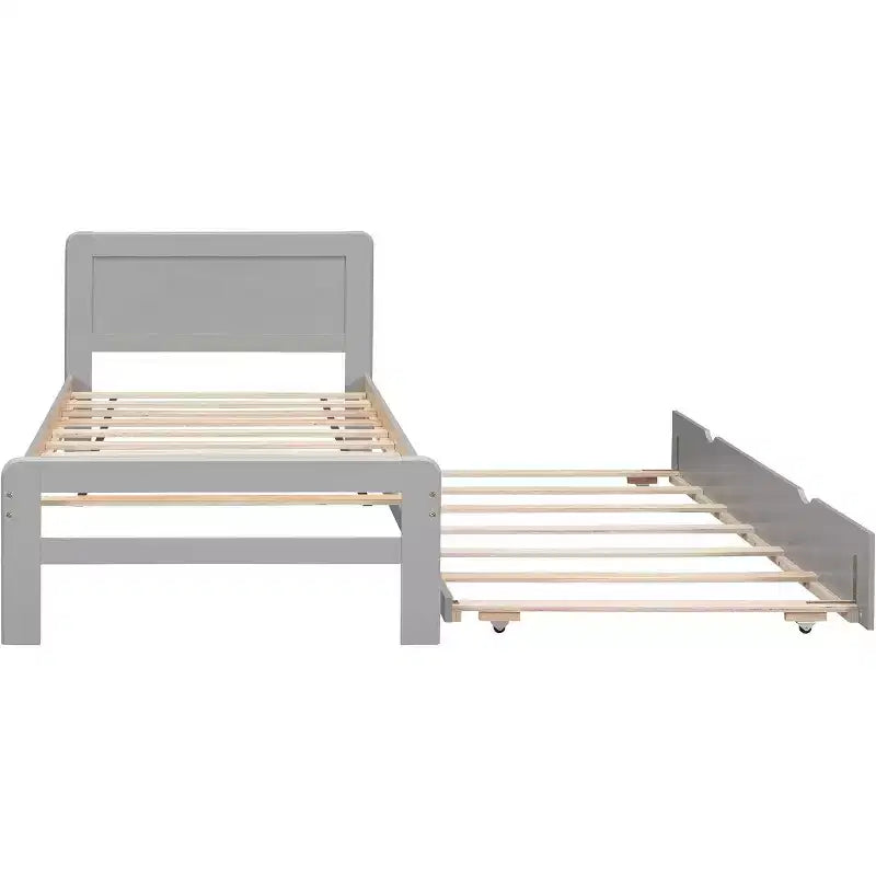 Modern Twin Platform Bed Frame with Trundle, Twin Over Full Bunk, Guardrail & Ladder, Wood Slats, No Box Spring, Gray