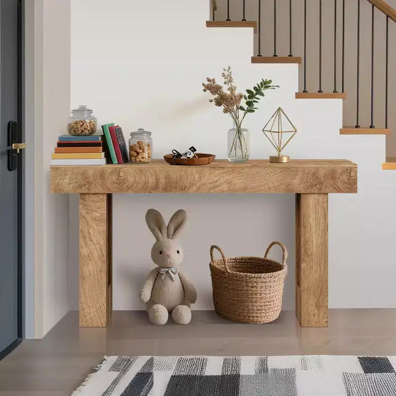 63 Rustic Farmhouse Console Table  Knife Cut Wood Grain Open Shelf Sofa Table (for Living Room/Entryway/Hallway)