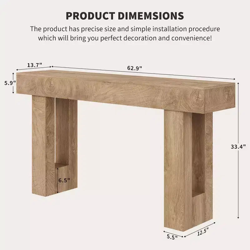 63 Rustic Farmhouse Console Table  Knife Cut Wood Grain Open Shelf Sofa Table (for Living Room/Entryway/Hallway)