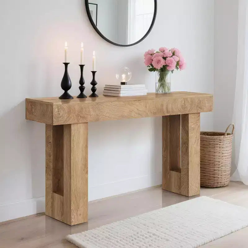 63 Rustic Farmhouse Console Table  Knife Cut Wood Grain Open Shelf Sofa Table (for Living Room/Entryway/Hallway)