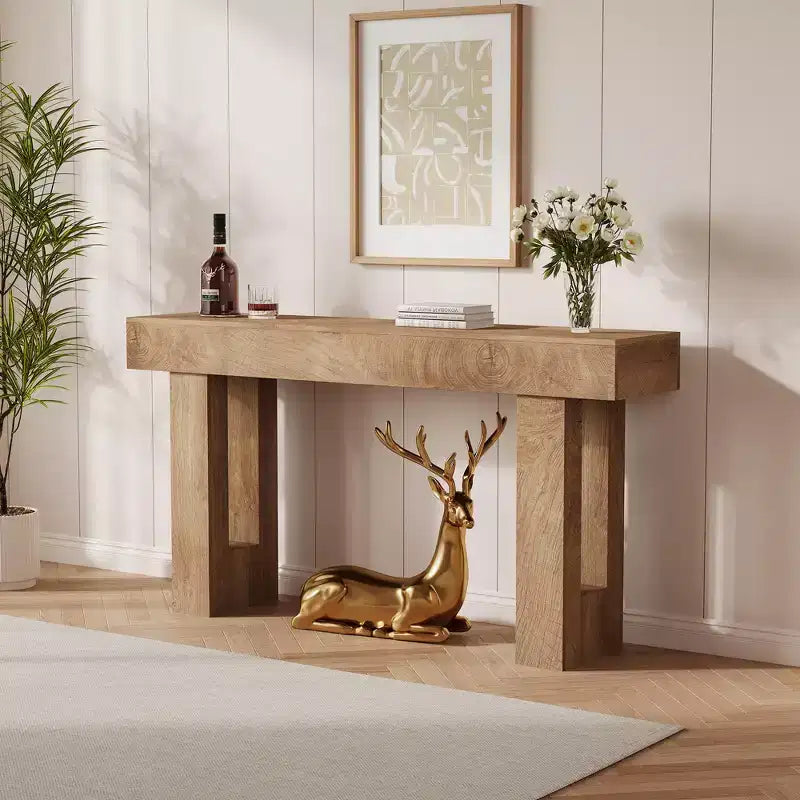 63 Rustic Farmhouse Console Table  Knife Cut Wood Grain Open Shelf Sofa Table (for Living Room/Entryway/Hallway)