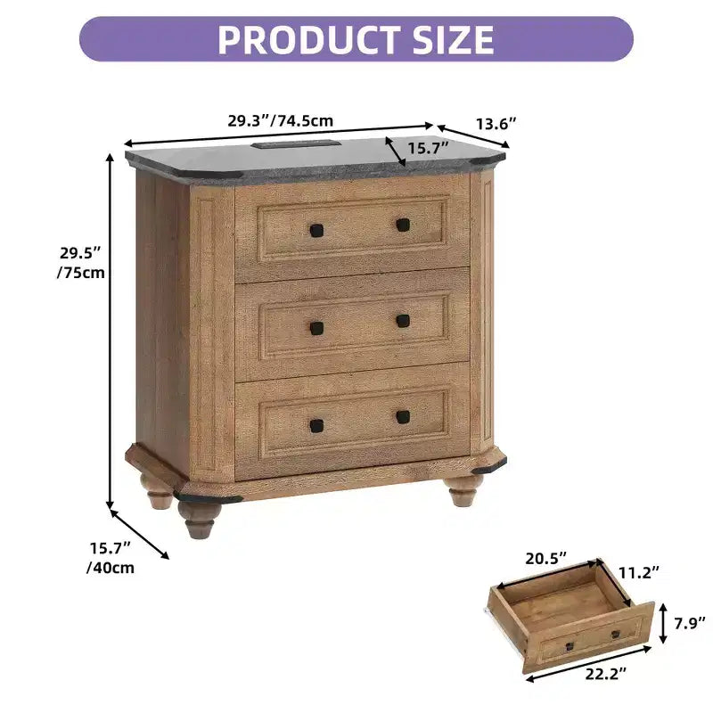 Nightstand with 3 Drawers Bedside Table Small Dresser for Bedroom Rustic Brown