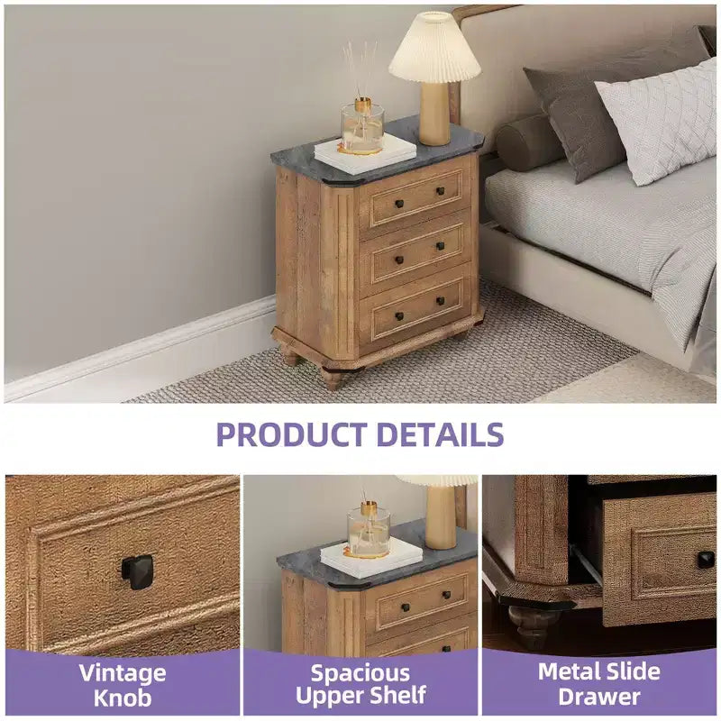 Nightstand with 3 Drawers Bedside Table Small Dresser for Bedroom Rustic Brown