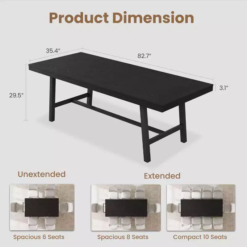 Extendable Dining Table, Industrial Rectangular Dining Room Table, Metal Frame, for Dining Room, Kitchen