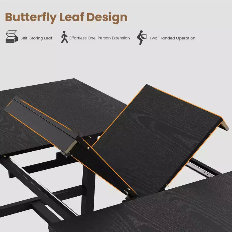 Extendable Dining Table, Industrial Rectangular Dining Room Table, Metal Frame, for Dining Room, Kitchen