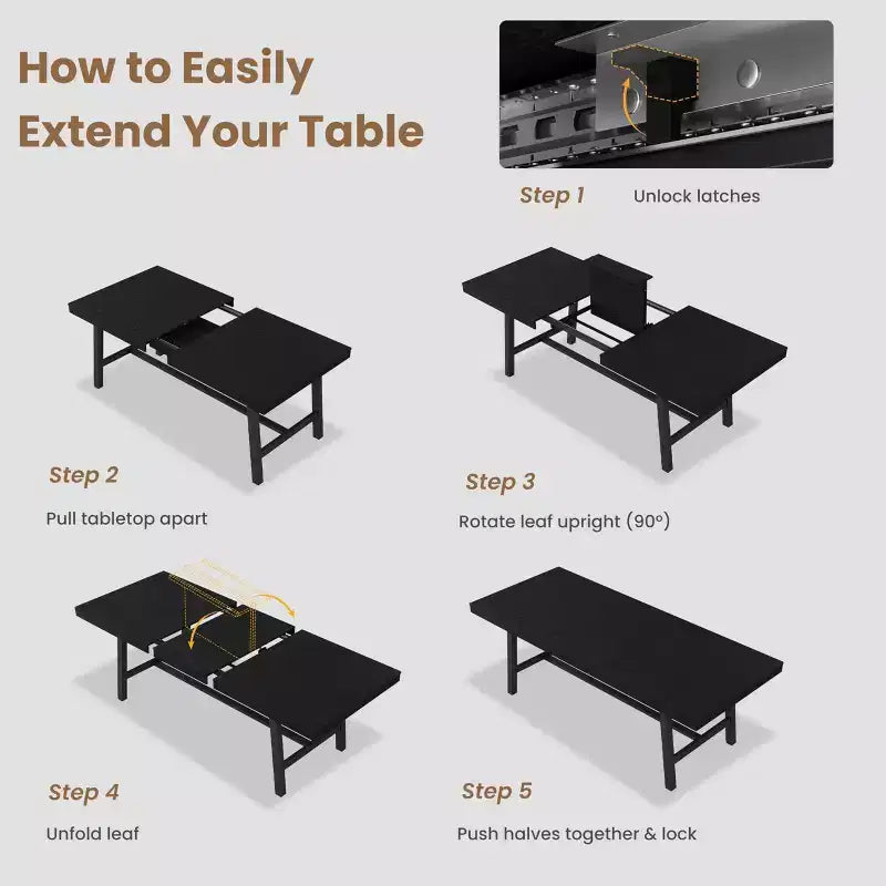 Extendable Dining Table, Industrial Rectangular Dining Room Table, Metal Frame, for Dining Room, Kitchen