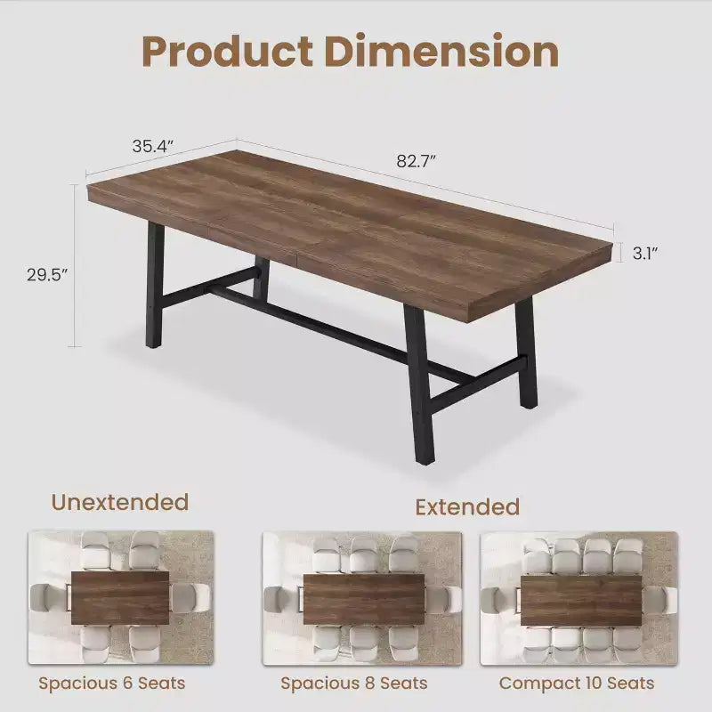 Extendable Dining Table, Industrial Rectangular Dining Room Table, Metal Frame, for Dining Room, Kitchen