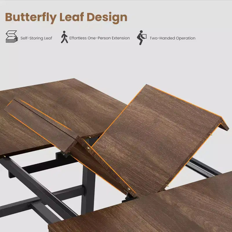 Extendable Dining Table, Industrial Rectangular Dining Room Table, Metal Frame, for Dining Room, Kitchen
