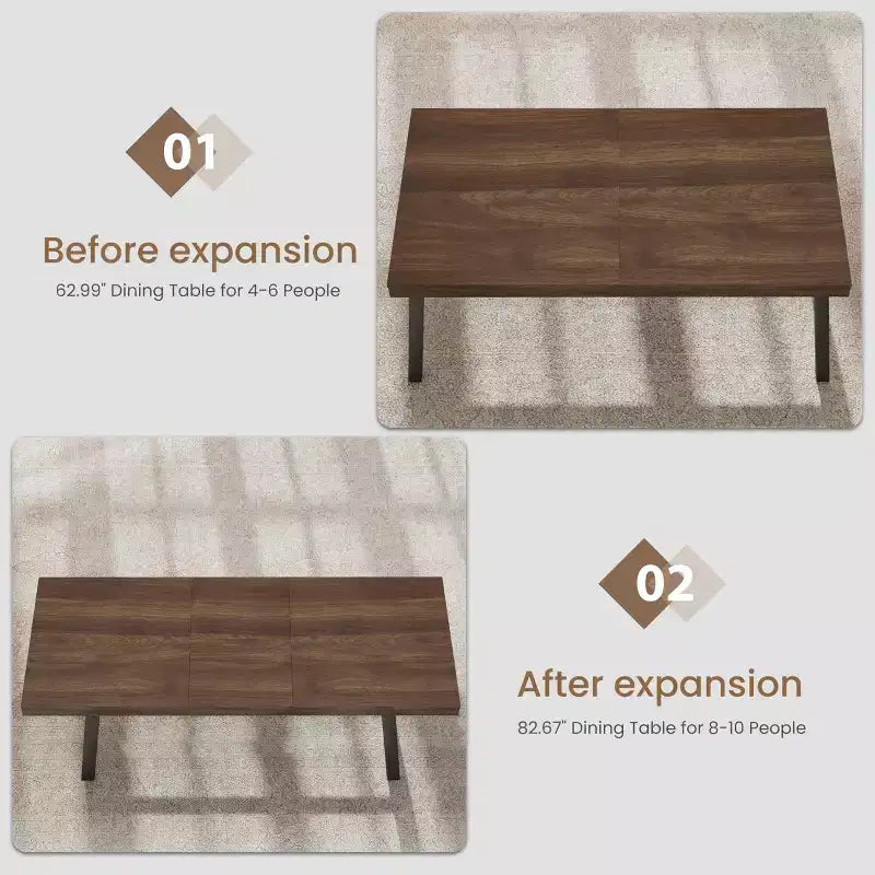 Extendable Dining Table, Industrial Rectangular Dining Room Table, Metal Frame, for Dining Room, Kitchen