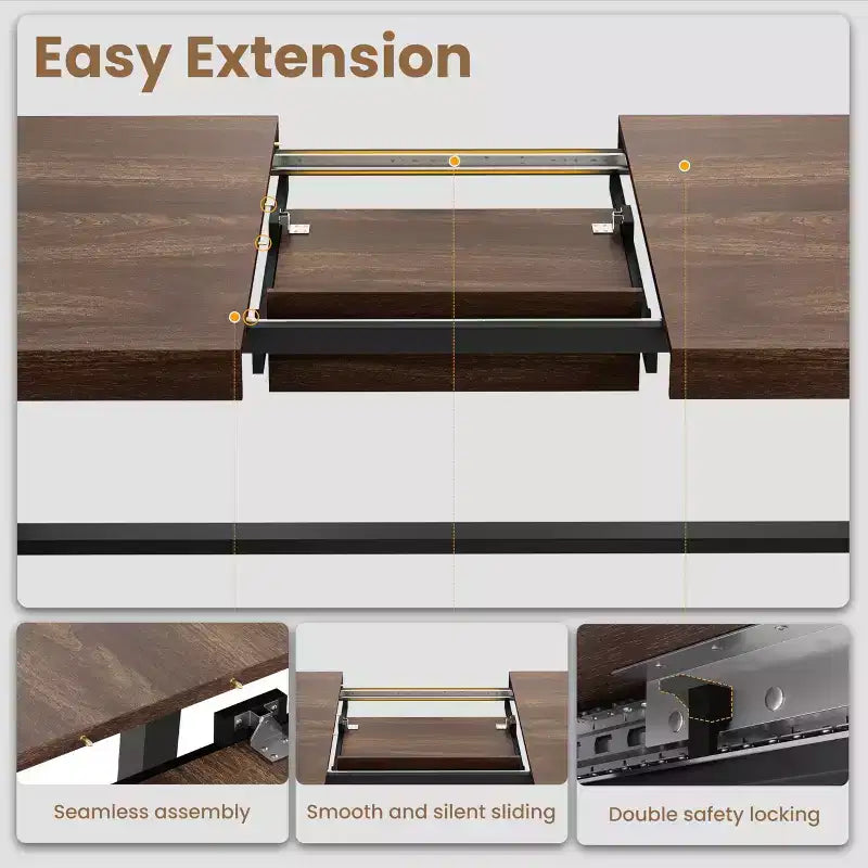 Extendable Dining Table, Industrial Rectangular Dining Room Table, Metal Frame, for Dining Room, Kitchen