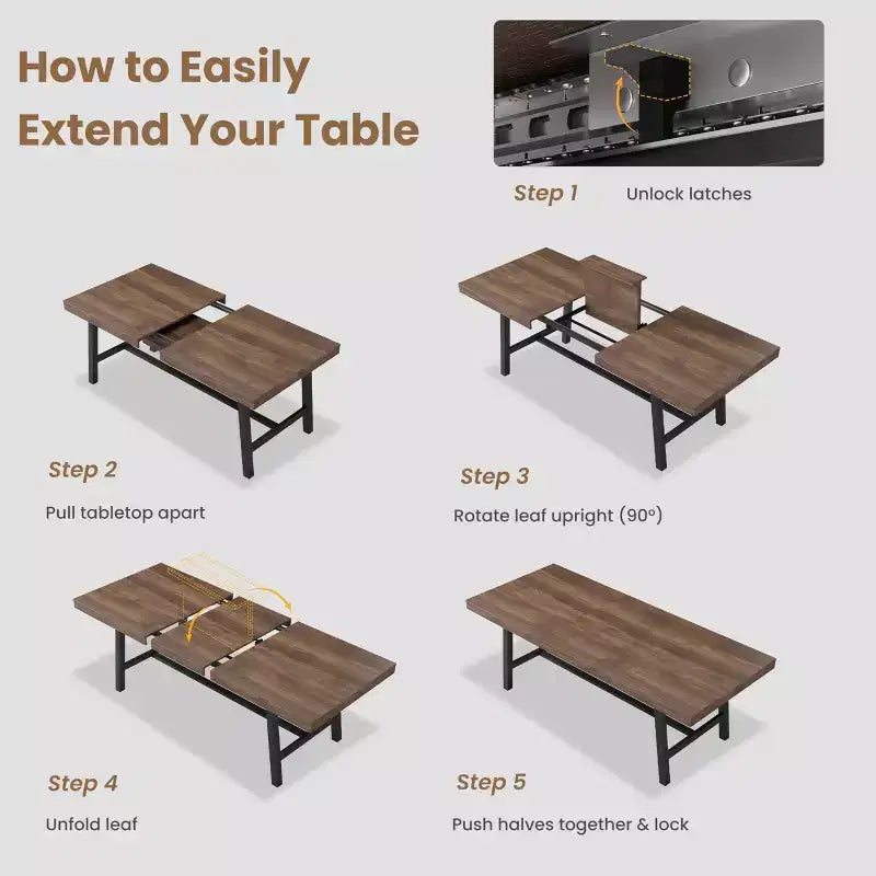 Extendable Dining Table, Industrial Rectangular Dining Room Table, Metal Frame, for Dining Room, Kitchen
