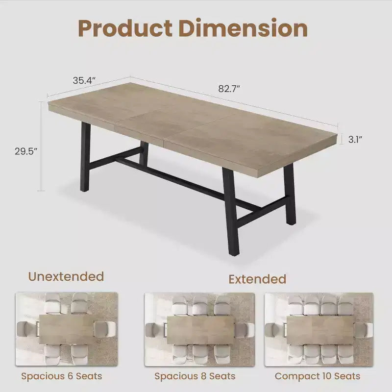 Extendable Dining Table, Industrial Rectangular Dining Room Table, Metal Frame, for Dining Room, Kitchen
