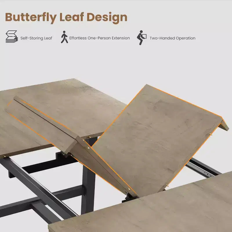 Extendable Dining Table, Industrial Rectangular Dining Room Table, Metal Frame, for Dining Room, Kitchen