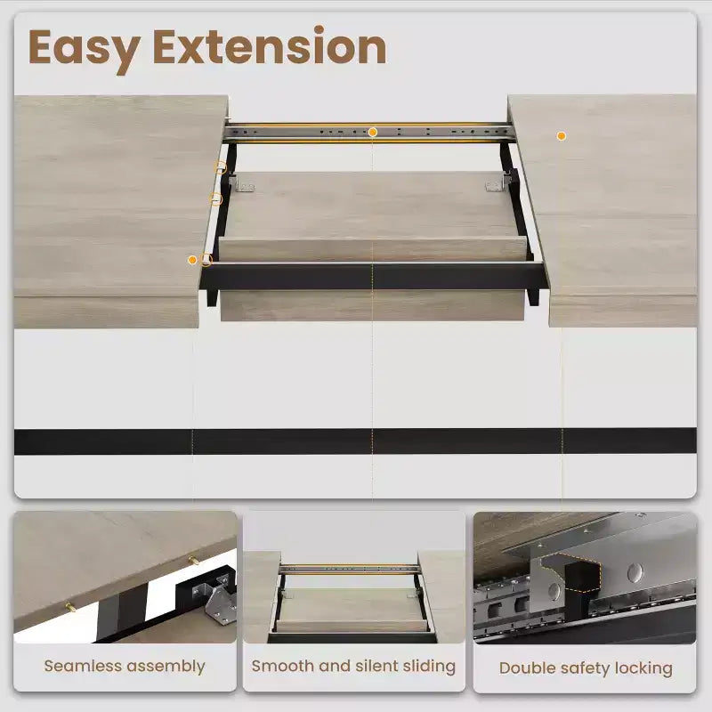 Extendable Dining Table, Industrial Rectangular Dining Room Table, Metal Frame, for Dining Room, Kitchen