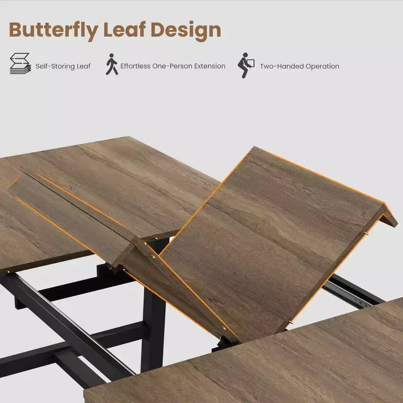 Extendable Dining Table, Industrial Rectangular Dining Room Table, Metal Frame, for Dining Room, Kitchen